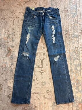 DaVinci Distressed Straight Leg Jeans in Dark Blue with Rhinestone Cross sz 5